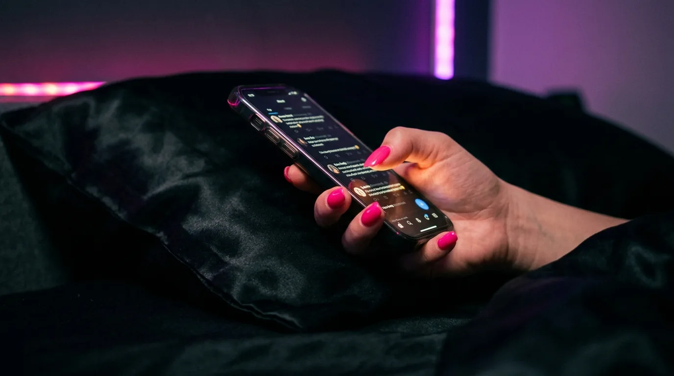 Branle au tel — main aux ongles roses tenant un smartphone néon, ambiance dark Y2K